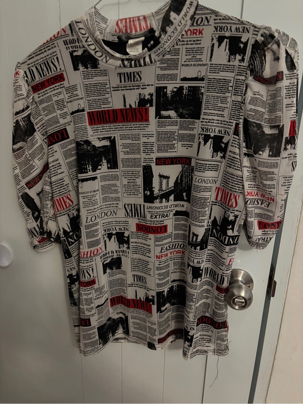 Newspaper-Print Women's Blouse - Black, White & Red
